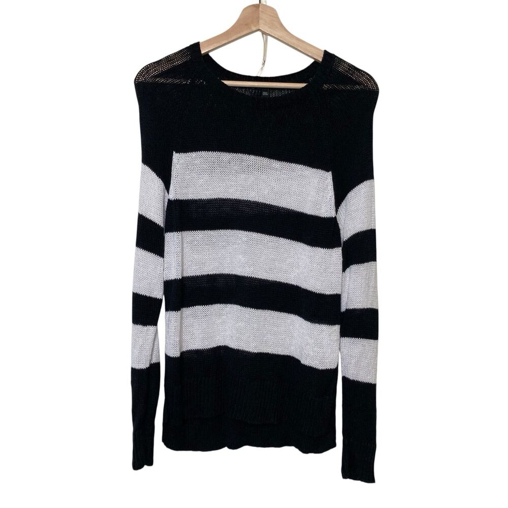 Eileen Fisher Linen Blend Black White Color Block Stripe Knit Sweater Size Small